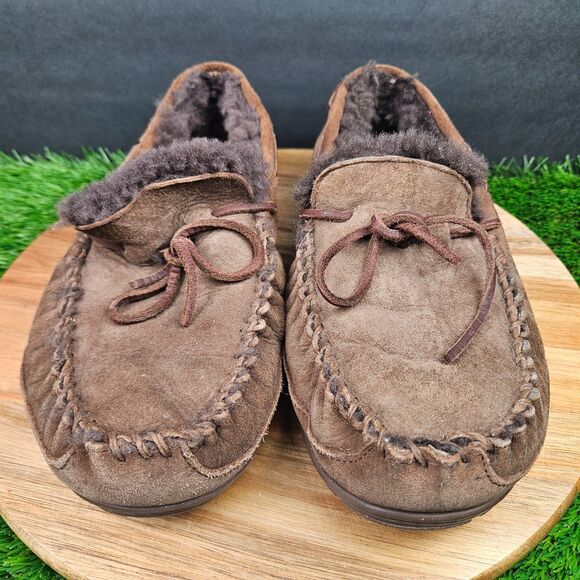 LL Bean Wicked Good Slippers Mens 9 Wide Brown Suede Shearling Slip On Shoes - Picture 6 of 11